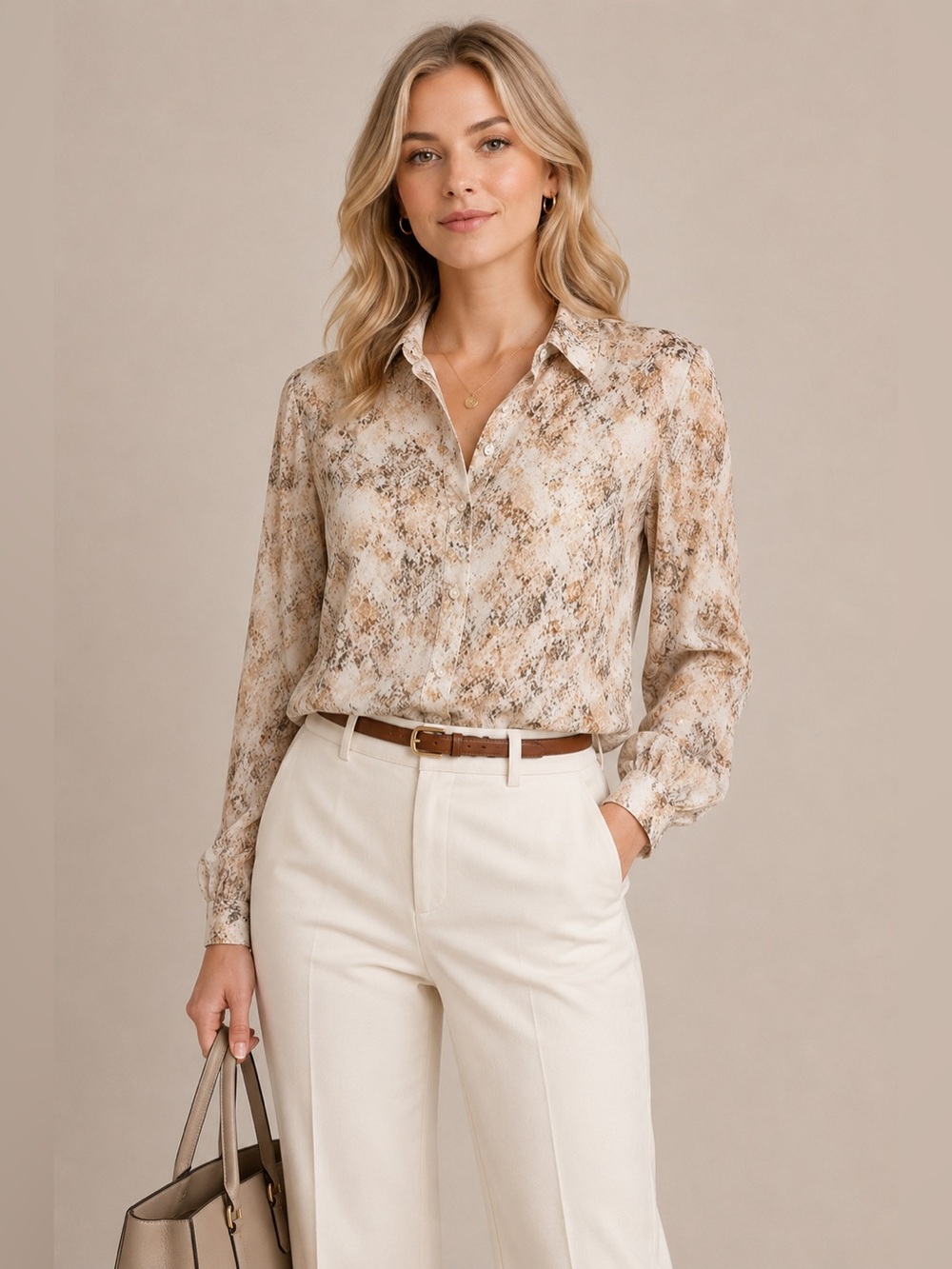 Banana Republic Silk Blend Blouse Neutral Print Work Office Chic Top M